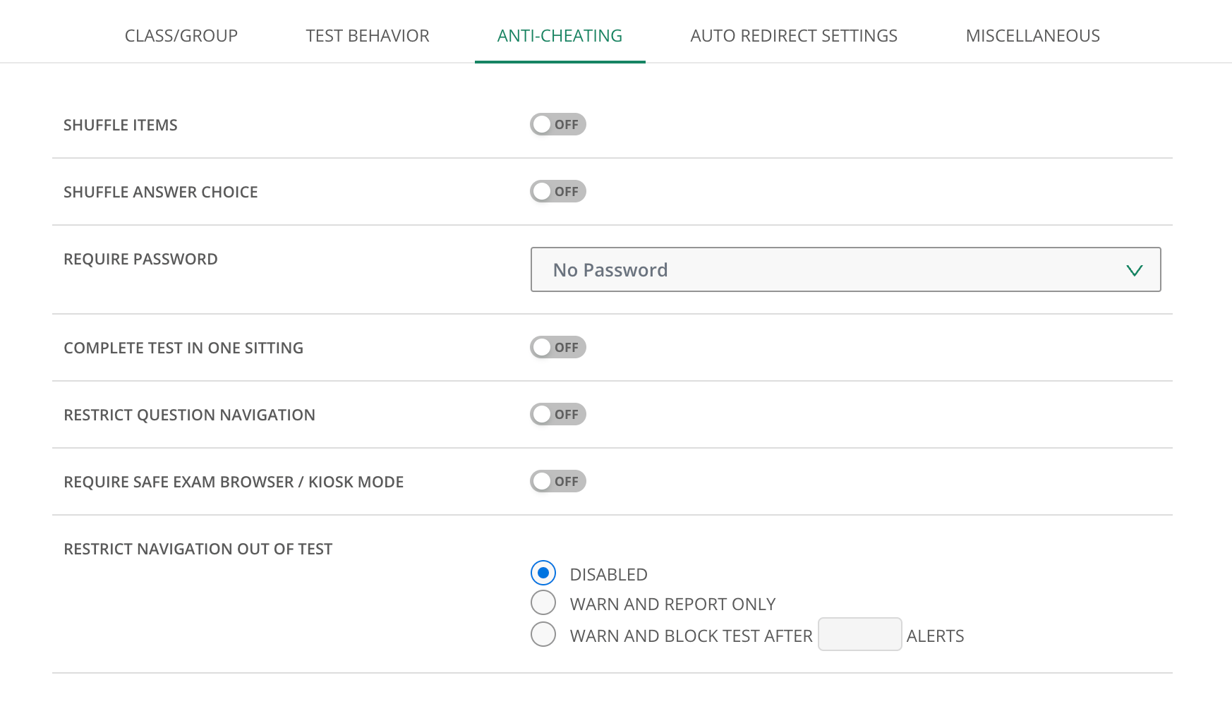 A view of the Anti-Cheating screen.