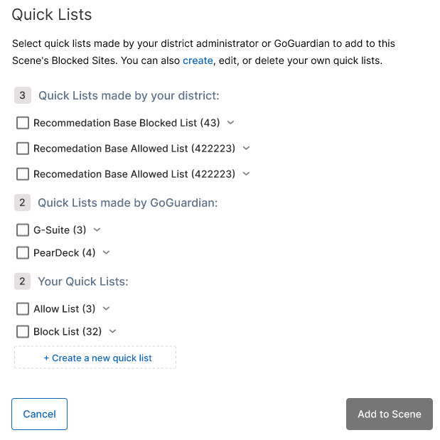 Example Quick List interface