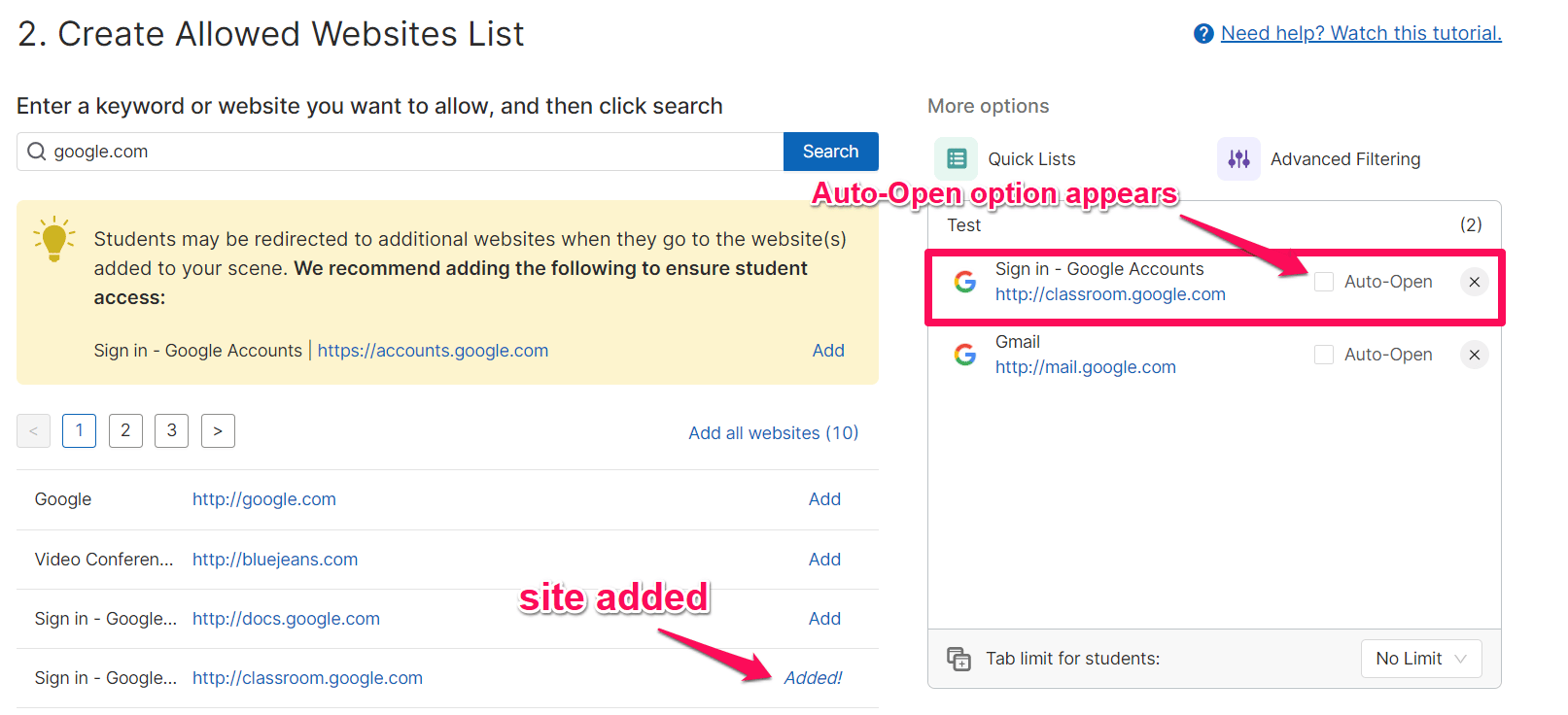 GoGuardian Teacher Scene editing interface highlighting the 'auto-open' setting