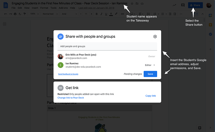 Drive, share a takeaway doc, arrows