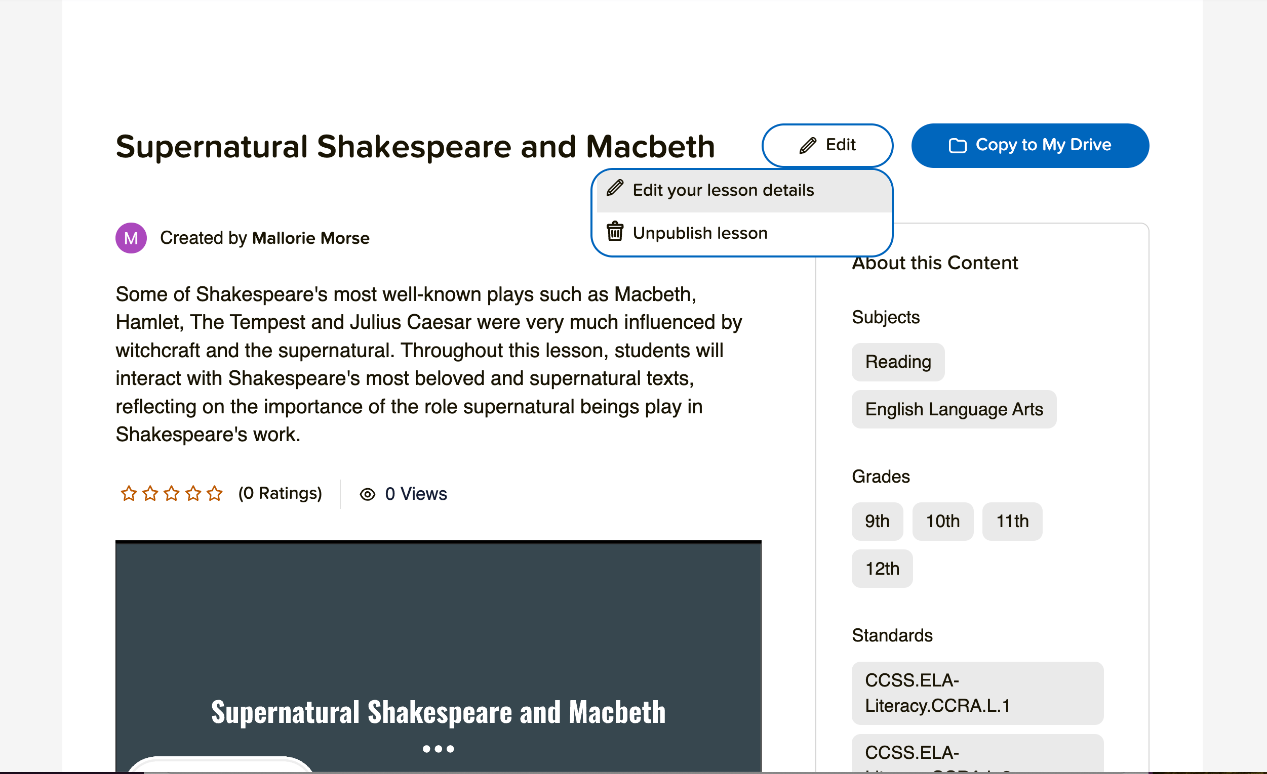 District Library deck page, 'Edit your lesson details' option highlighted