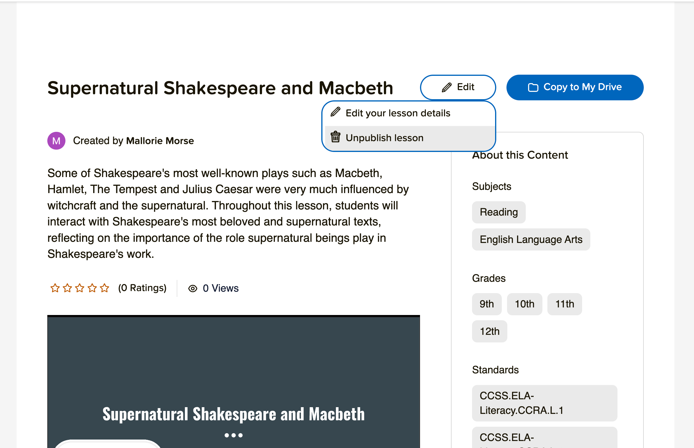 District Library deck page, edit button, unpublish lesson option