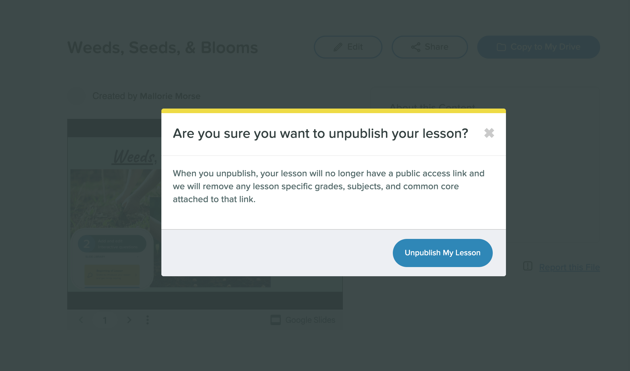 Are you sure you want to unpublish your lesson pop-up