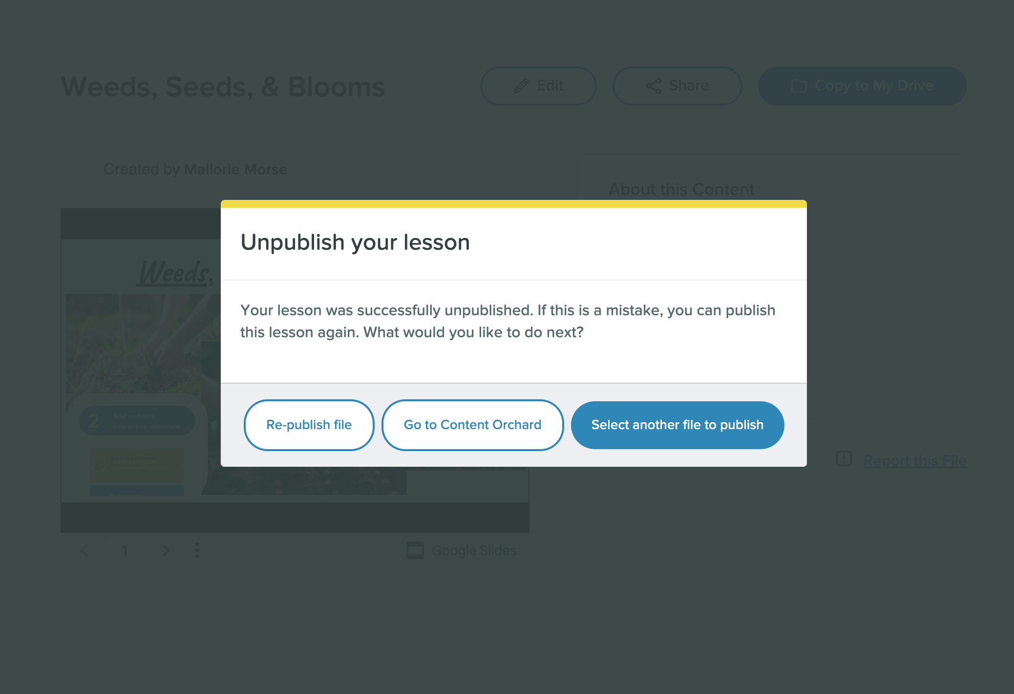 District Library unpublish your lesson pop-up