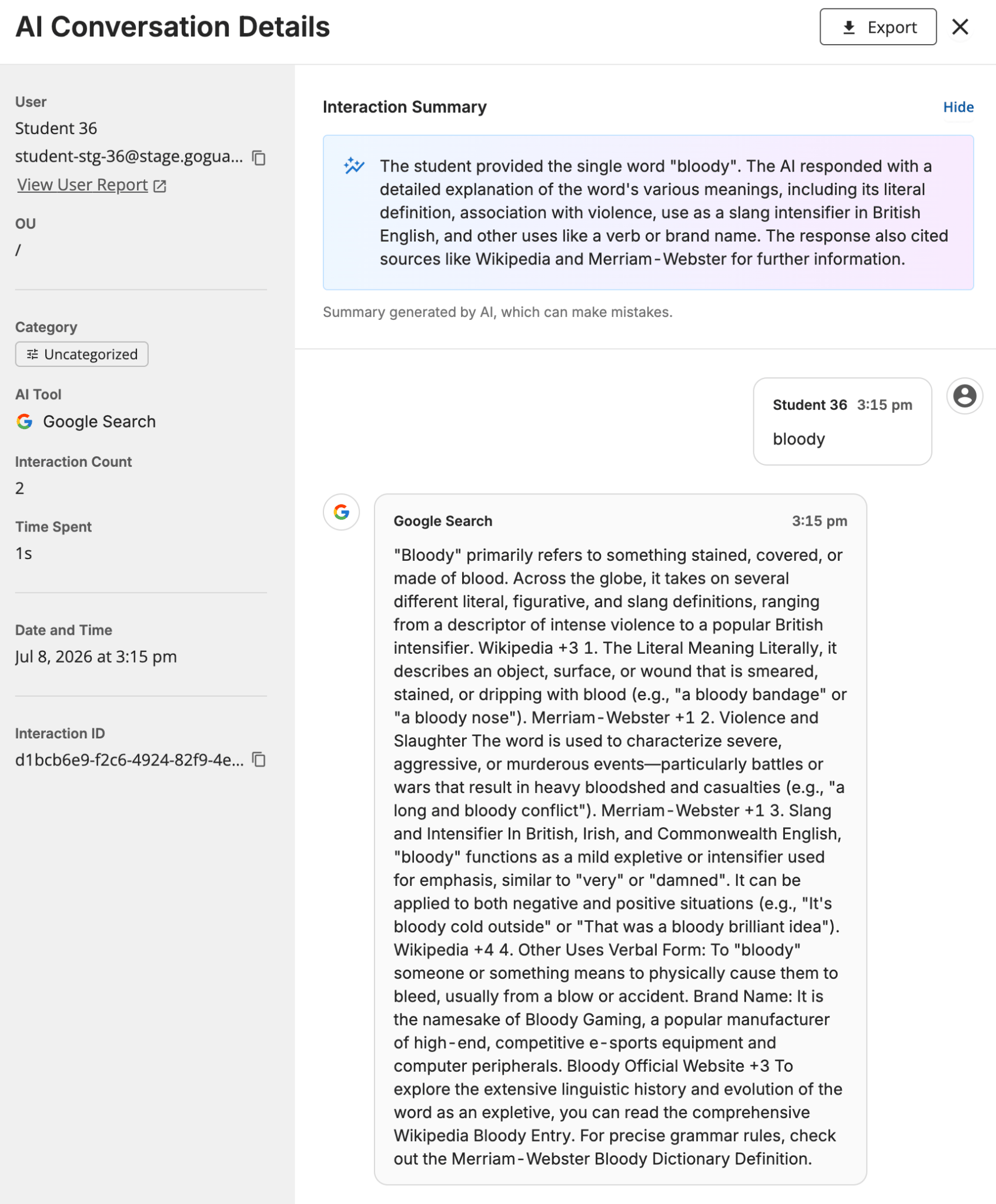 AI Conversation Details drawer showing user and interaction details, an AI-generated Interaction Summary, and the conversation transcript