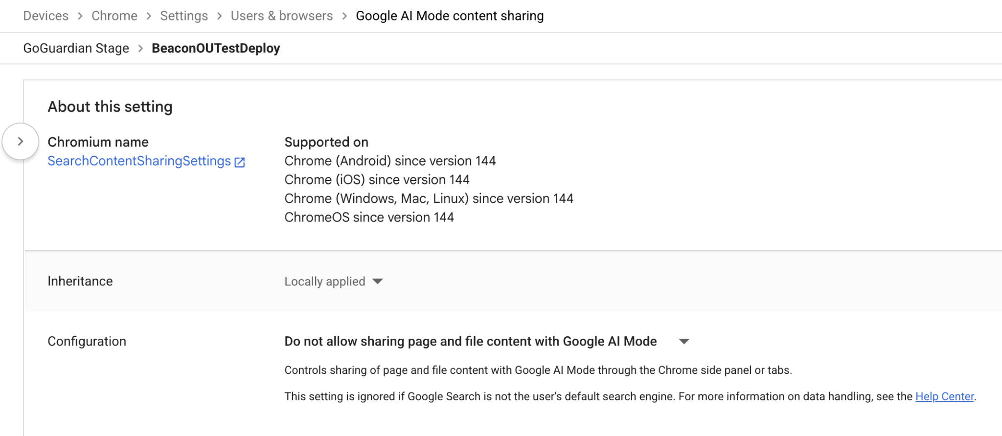Google Admin console Chrome settings page for the Google AI Mode content sharing setting, configured to "Do not allow sharing page and file content with Google AI Mode"