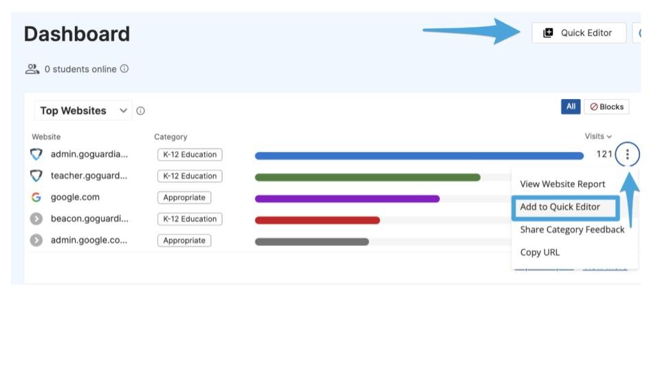 GoGuardian Admin Dashboard website menu with Add to Quick Editor available