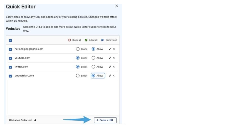 GoGuardian Admin Quick Editor with URL entry and Block and Allow controls