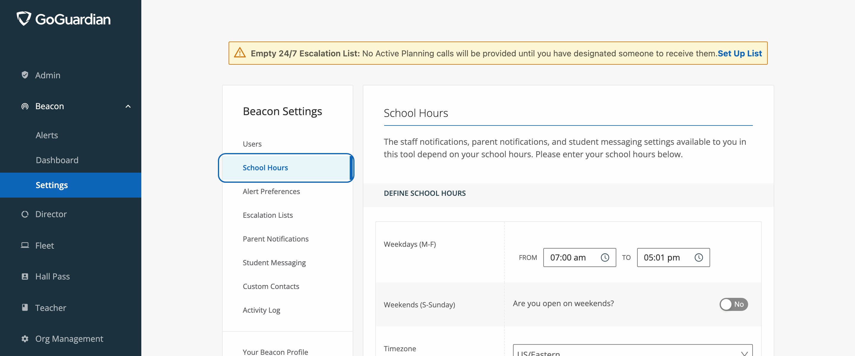 School Hours settings