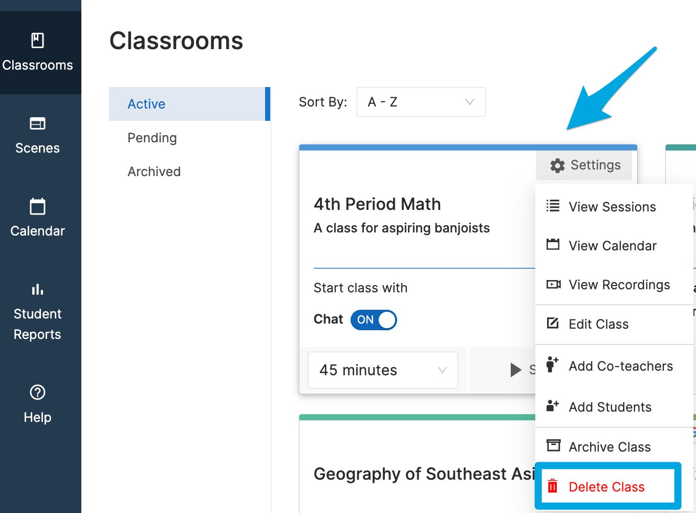 GoGuardian classroom Settings page highlighting the 'Delete Class' button
