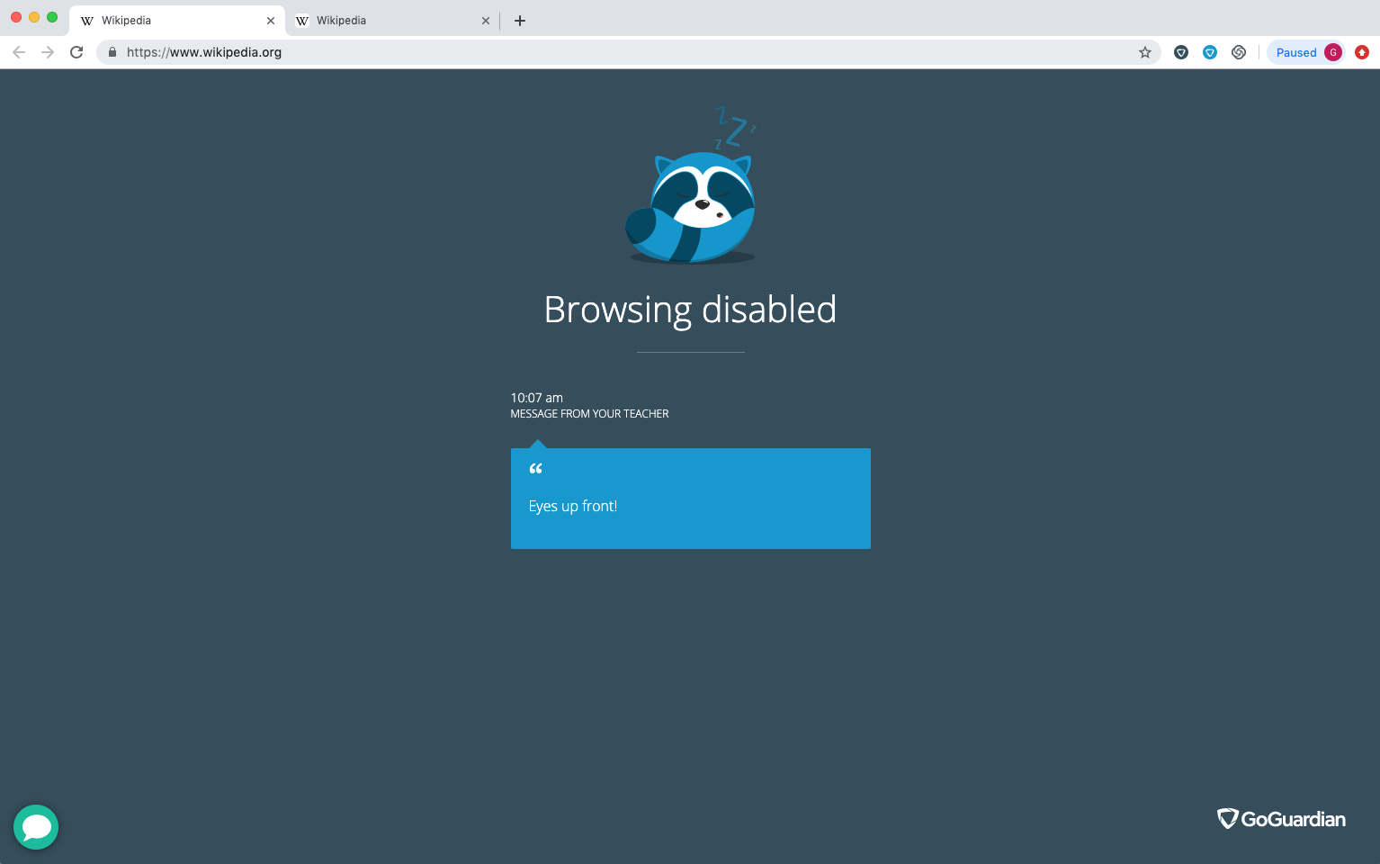 'Browsing disabled' page showing GoGuardian's mascot, Wally sleeping