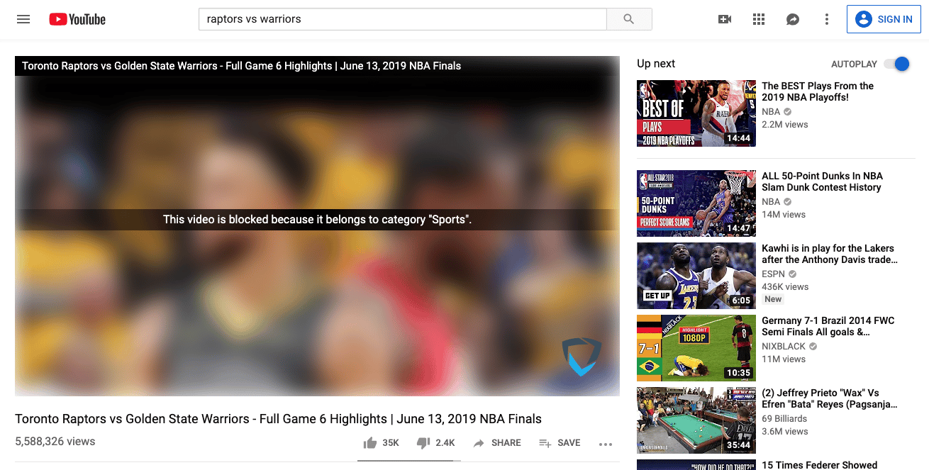 Blurred YouTube video with a GoGuardian logo that reads ’this video is blocked because it belongs to category “Sports"