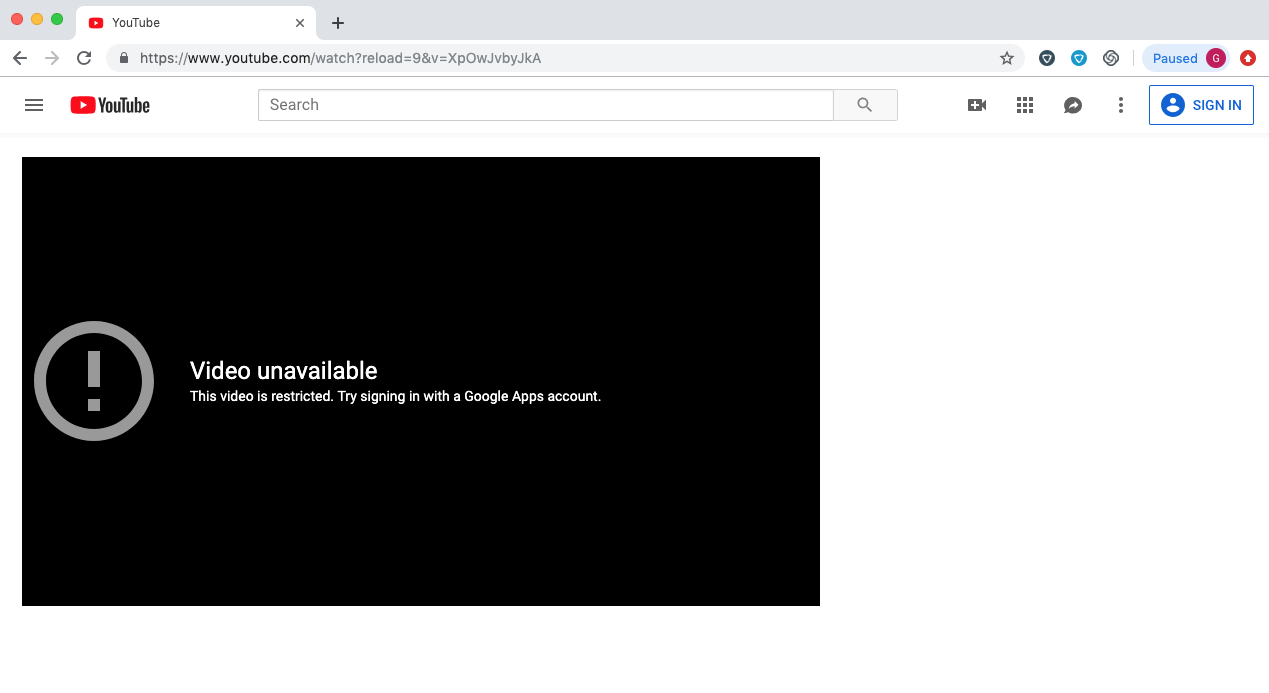 "Video Unavailable" page with an exclamation mark inside a circle due to a Google Admin Console YouTube filter
