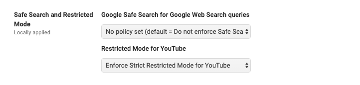 Google Admin Console's 'SafeSearch' drop down menu options