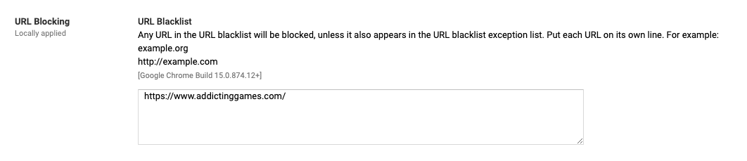 URL Blocking setting in Google Admin Console with a text box to input blocked website rules