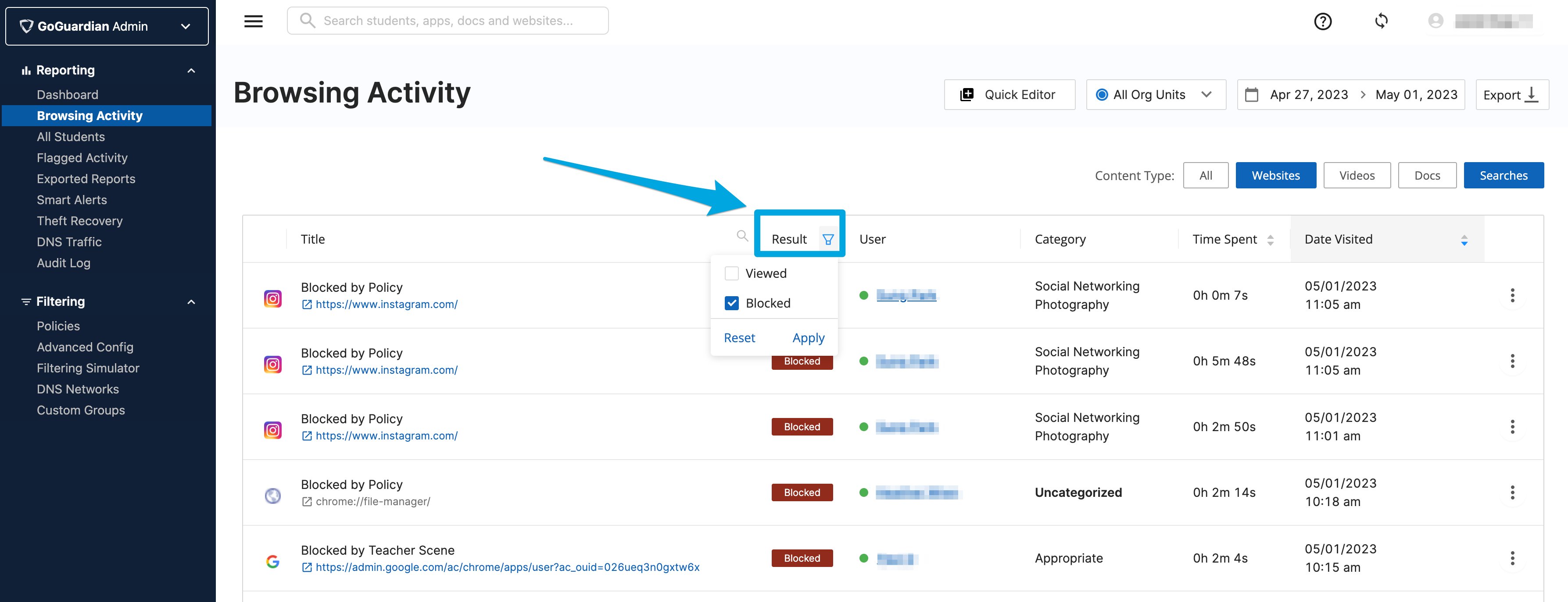 The Browsing Activity page highlighting the Result filter option