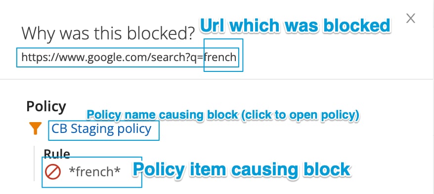 The "Why was this blocked" feature highlighting the Policy name and block rule responsible for a blocked website