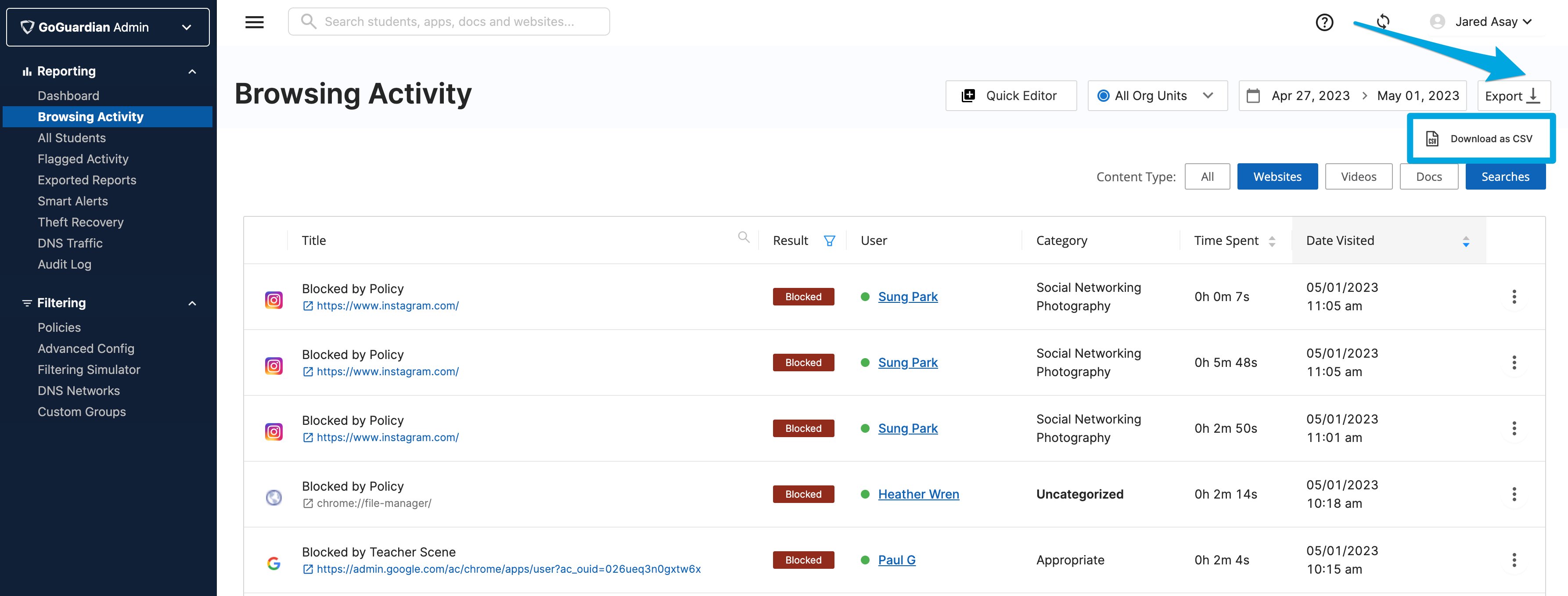 The Browsing Activity page highlighting the Download as CSV, Export option