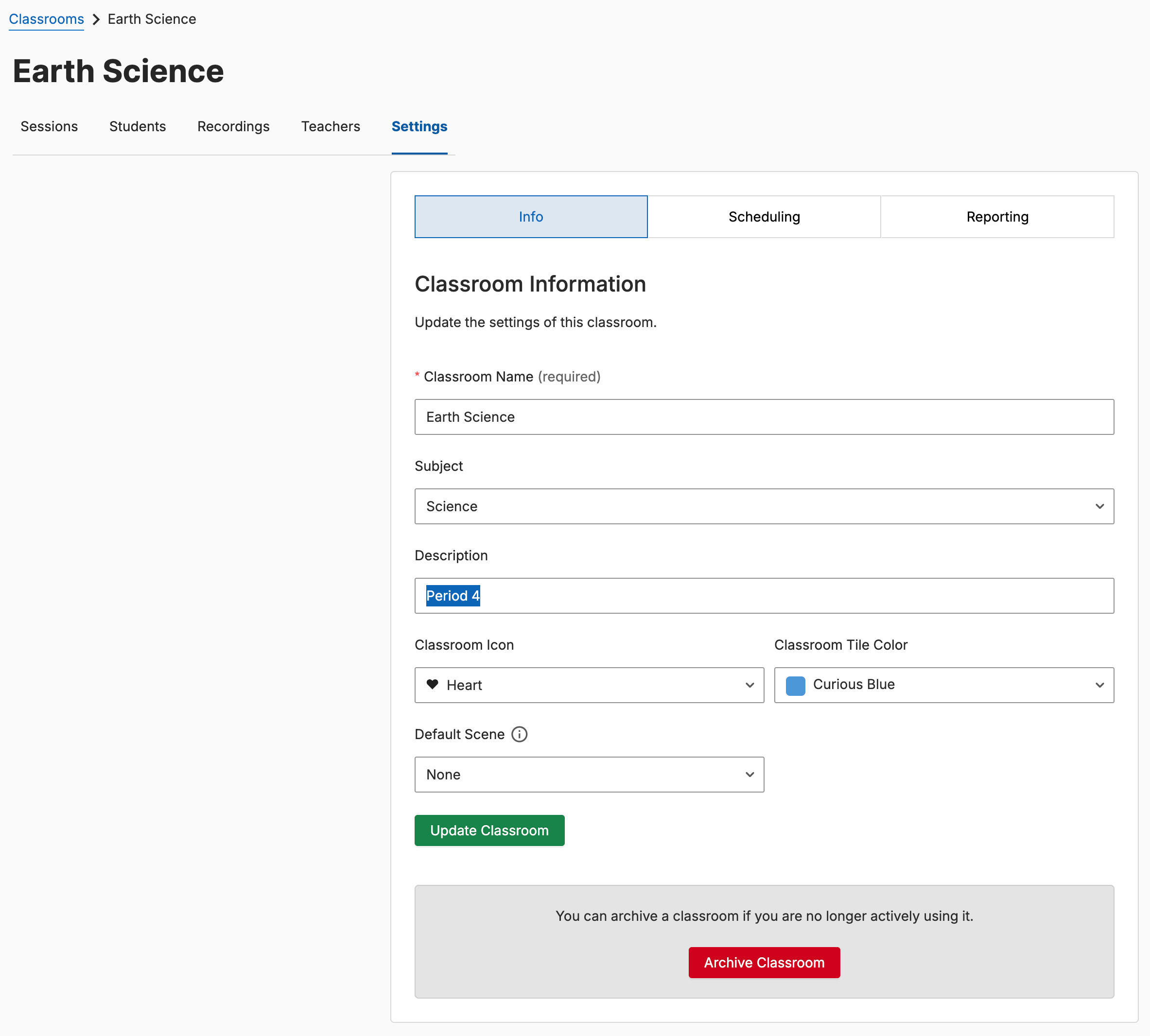 Click Update Classroom to save the change.