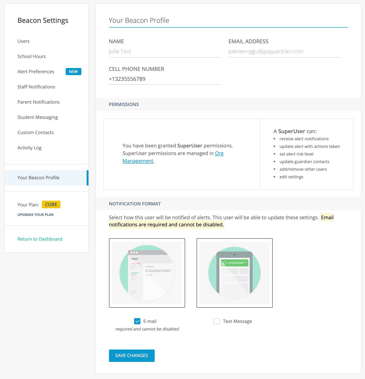 “Your Beacon Profile” settings page used for adding name, email, phone number and choosing email or text alert…