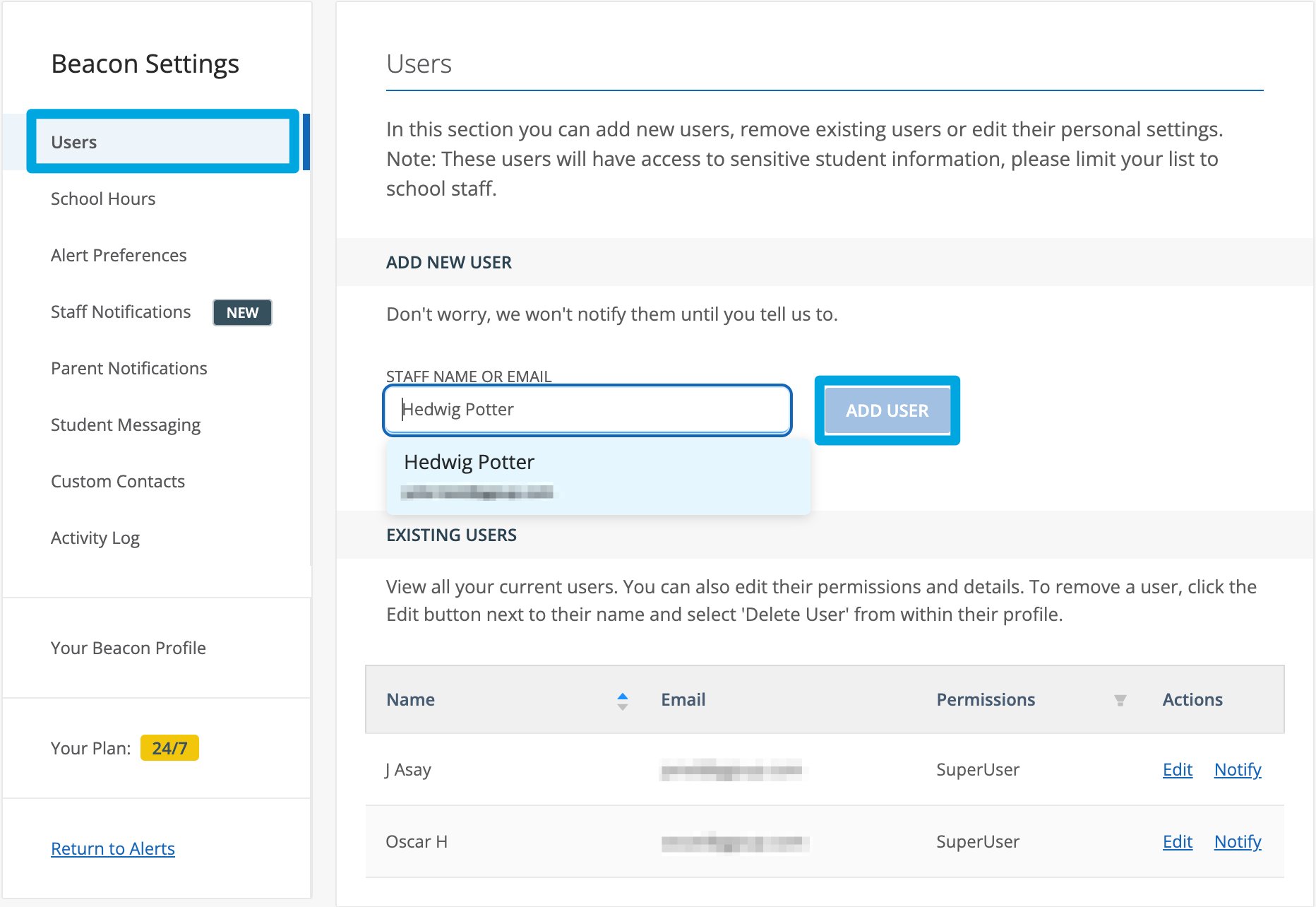 Demonstration of the Users section in the Beacon Settings interface and how to add a user by searching and using the…