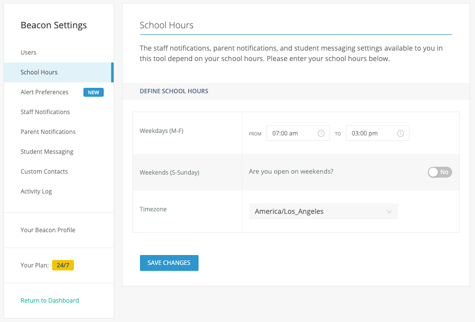 The School Hours settings in Beacon used to toggle on if weekends are "open" for alerts, the timezone, and school hours