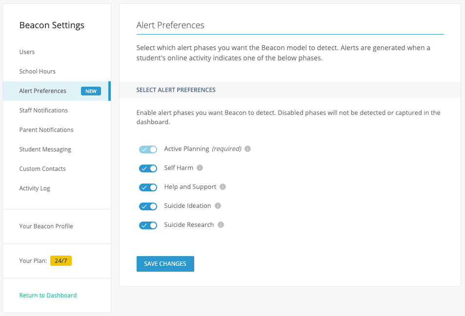The Alert Preferences user interface in Beacon used to enable via toggle alert preferences for themes like Help &…