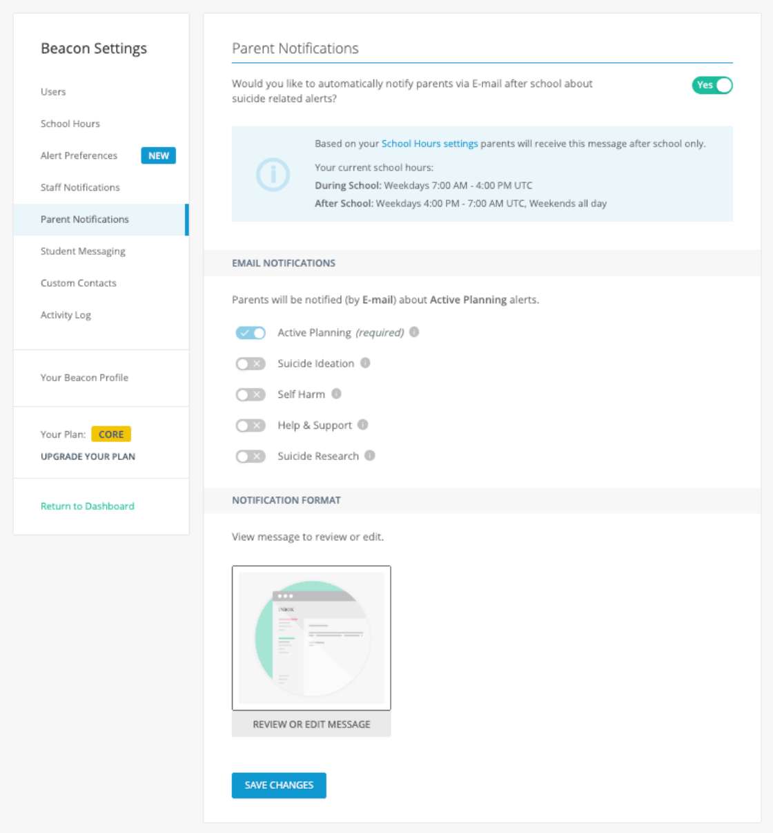Enable Parent Notifications page used to designate parent notifications settings