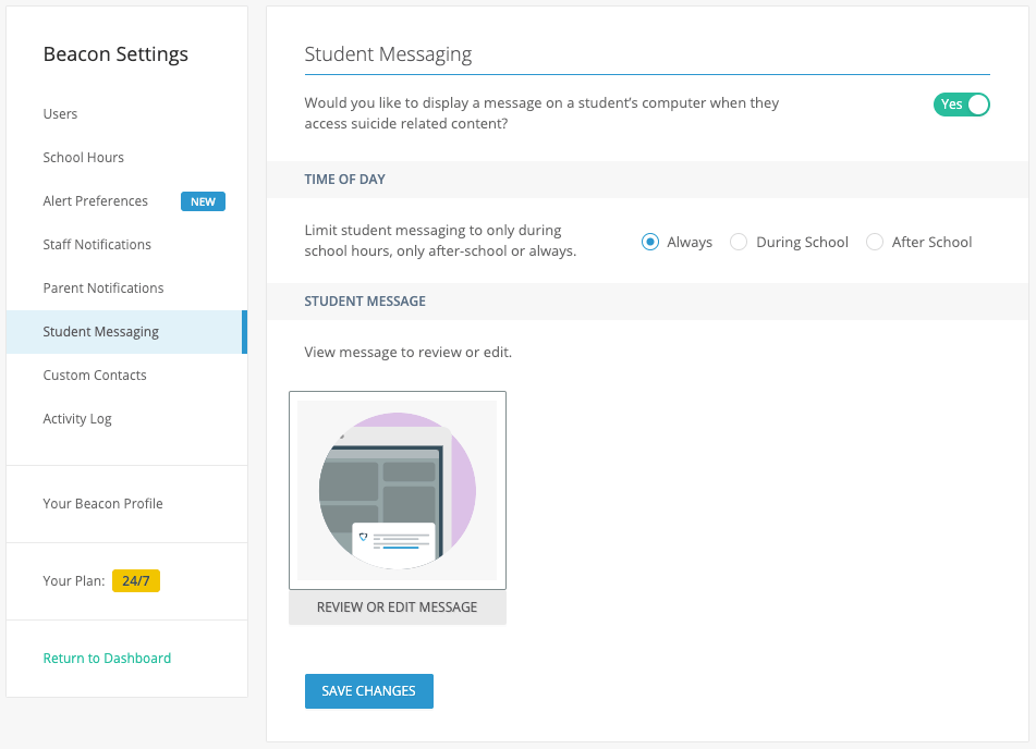 Enable Student Messaging settings page used to configure student messaging settings such as time of day