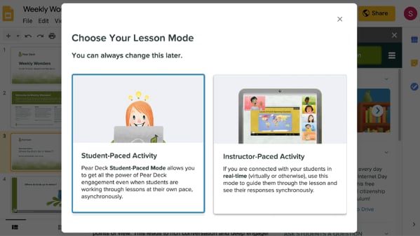 Modal window showing the two Instructor-pacced and Student-paced lesson mode choices