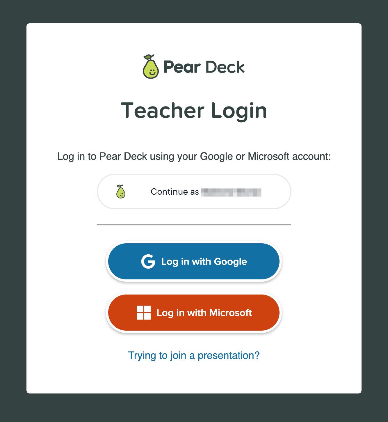 Teacher login screen showing a Google and Microsoft login buttons
