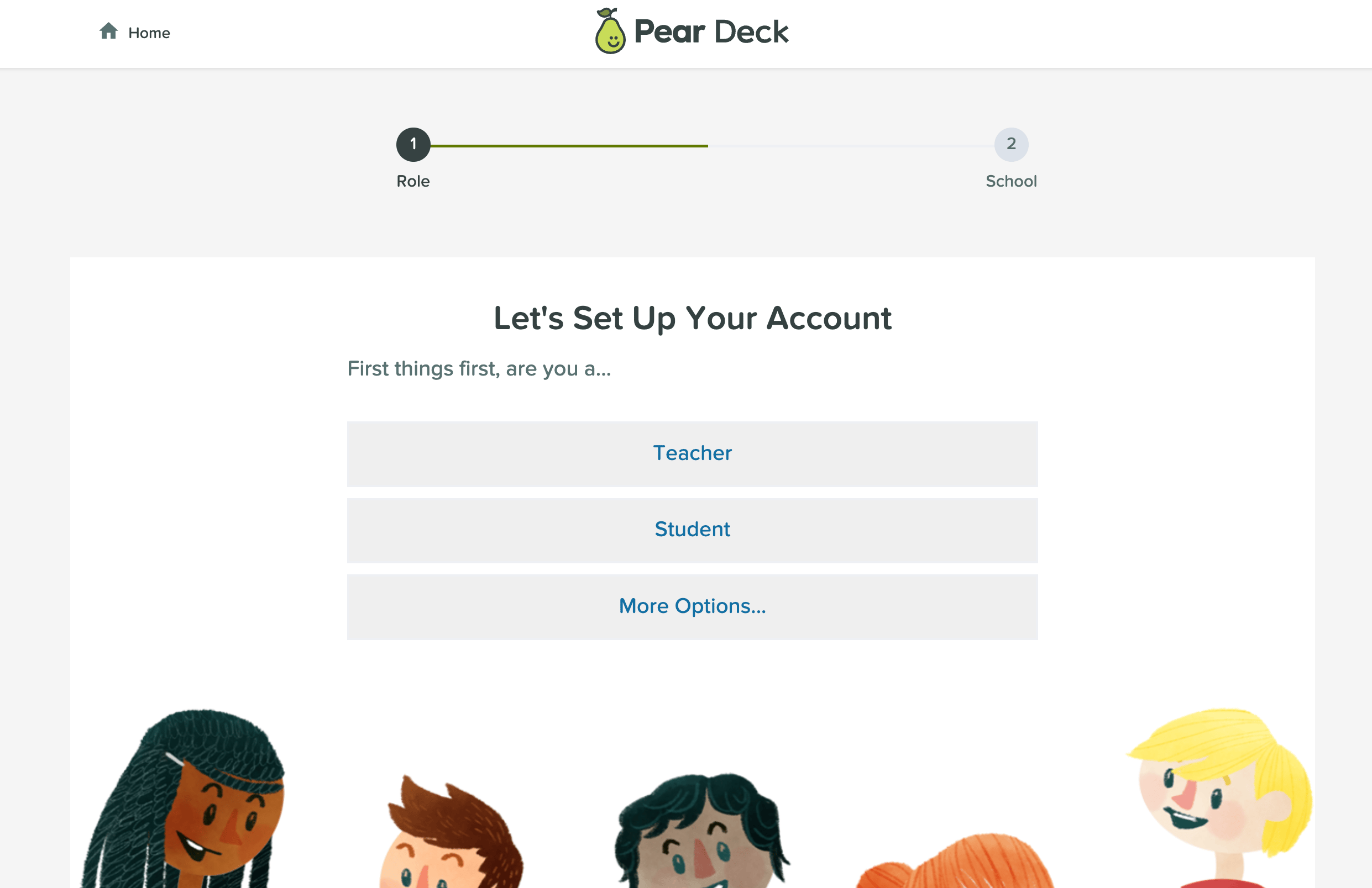 Account setup screen showing role selection buttons entitled teacher, student and more options. Teacher button is…