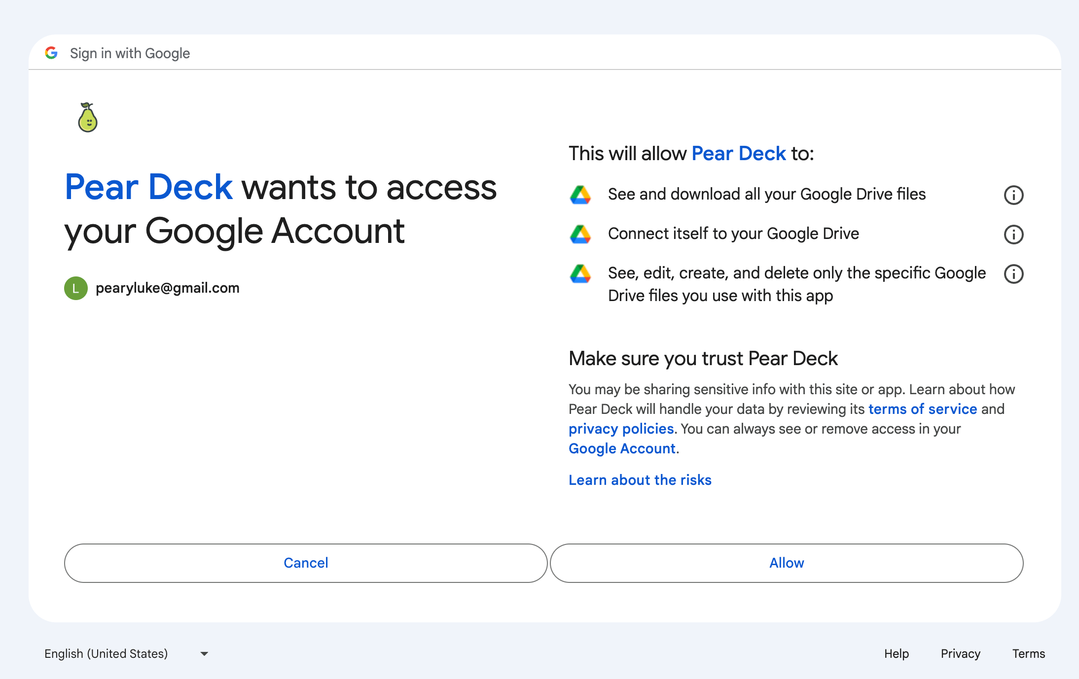 Authorization screen to connect Pear Deck to your Google Drive or OneDrive showing a red button that says authorize