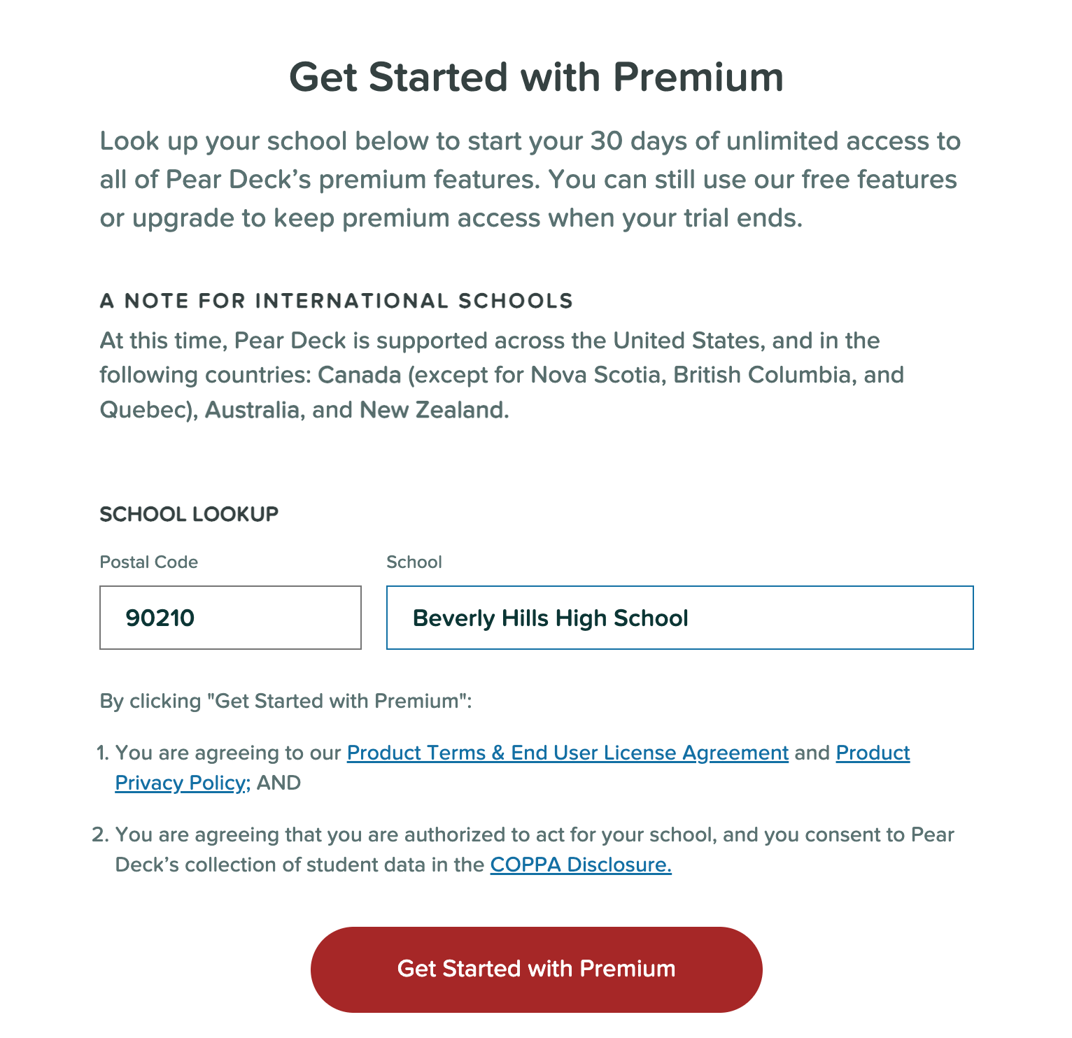 Account setup screen showing a red button entitled connect to my school