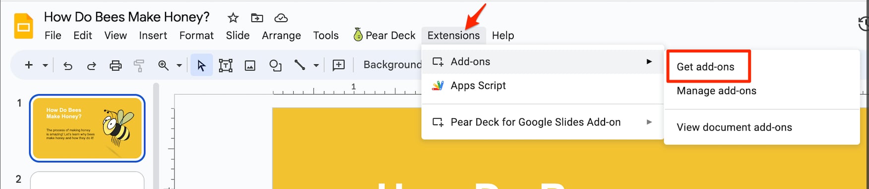 Screen showing the Google Slides menu path to get the Pear Deck Add-on