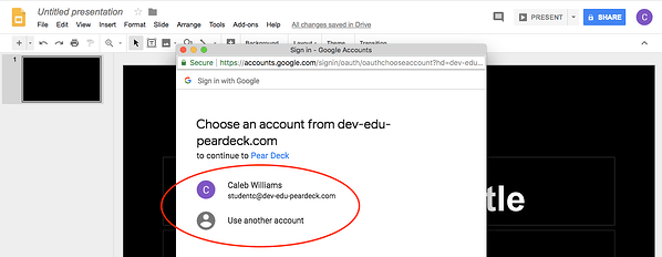 Account set up screen instructing user to choose the Google or Microsoft account they'd like to use with Pear Deck