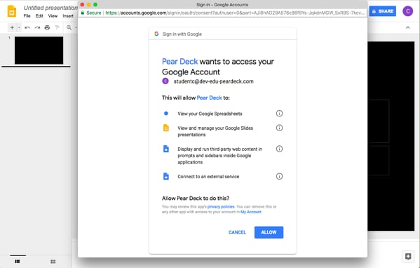 Authorization screen for Pear Deck to access your Google account showing a blue button entitled allow