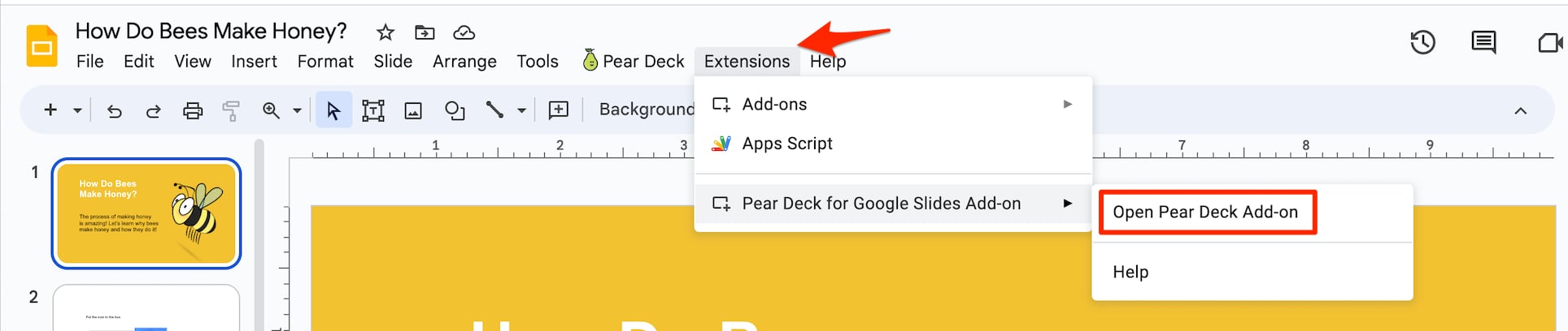 Google Slides window showing the Pear Deck add-0n in the Extension menu