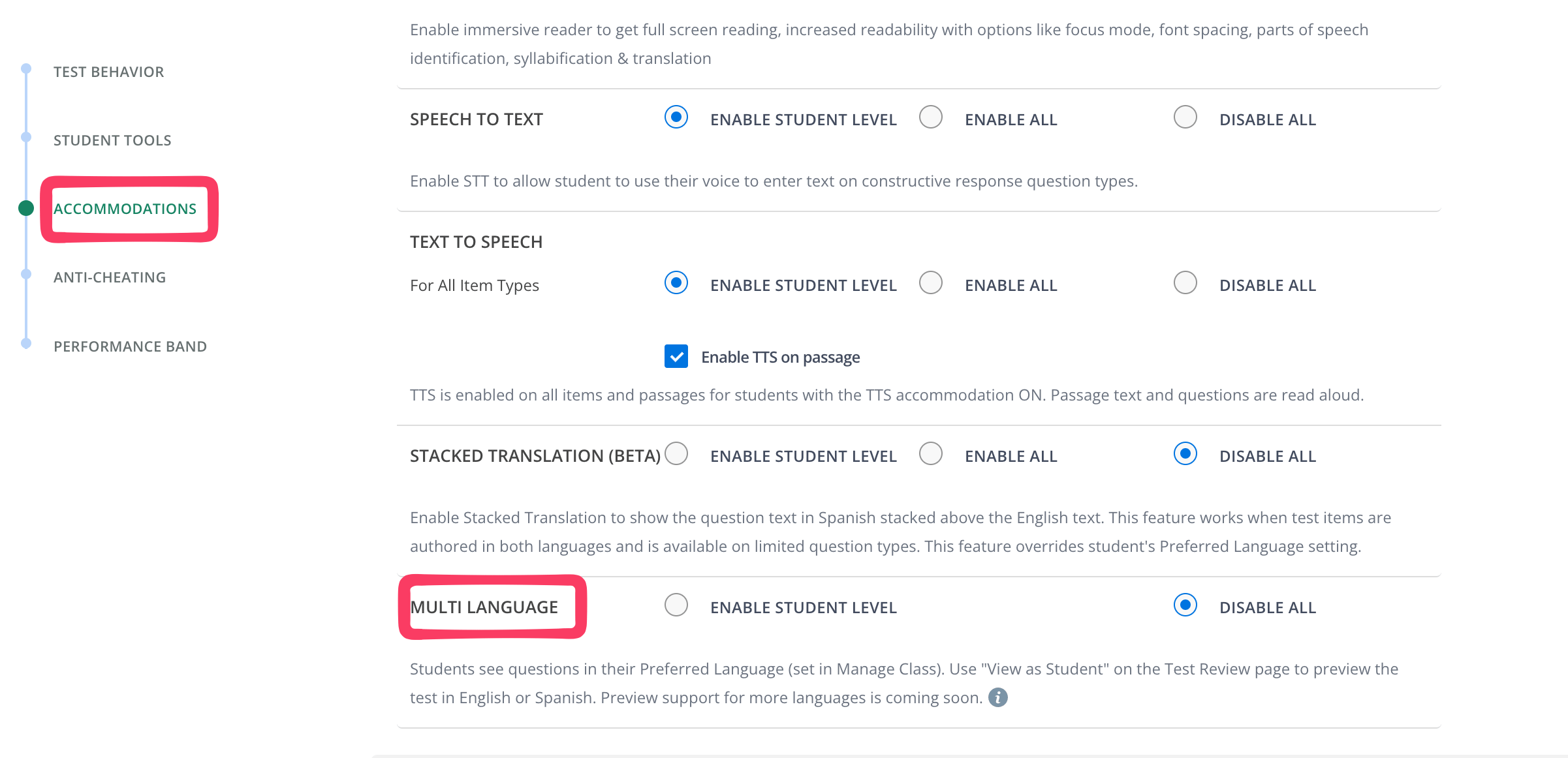 Multi-Language option under Accommodations in test settings.