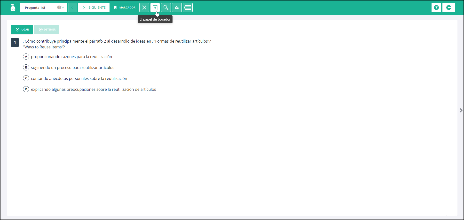 A test item displayed in Spanish for a student.