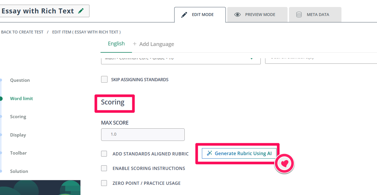 The Scoring step of the essay item editor, with the Generate Rubric Using AI button highlighted.