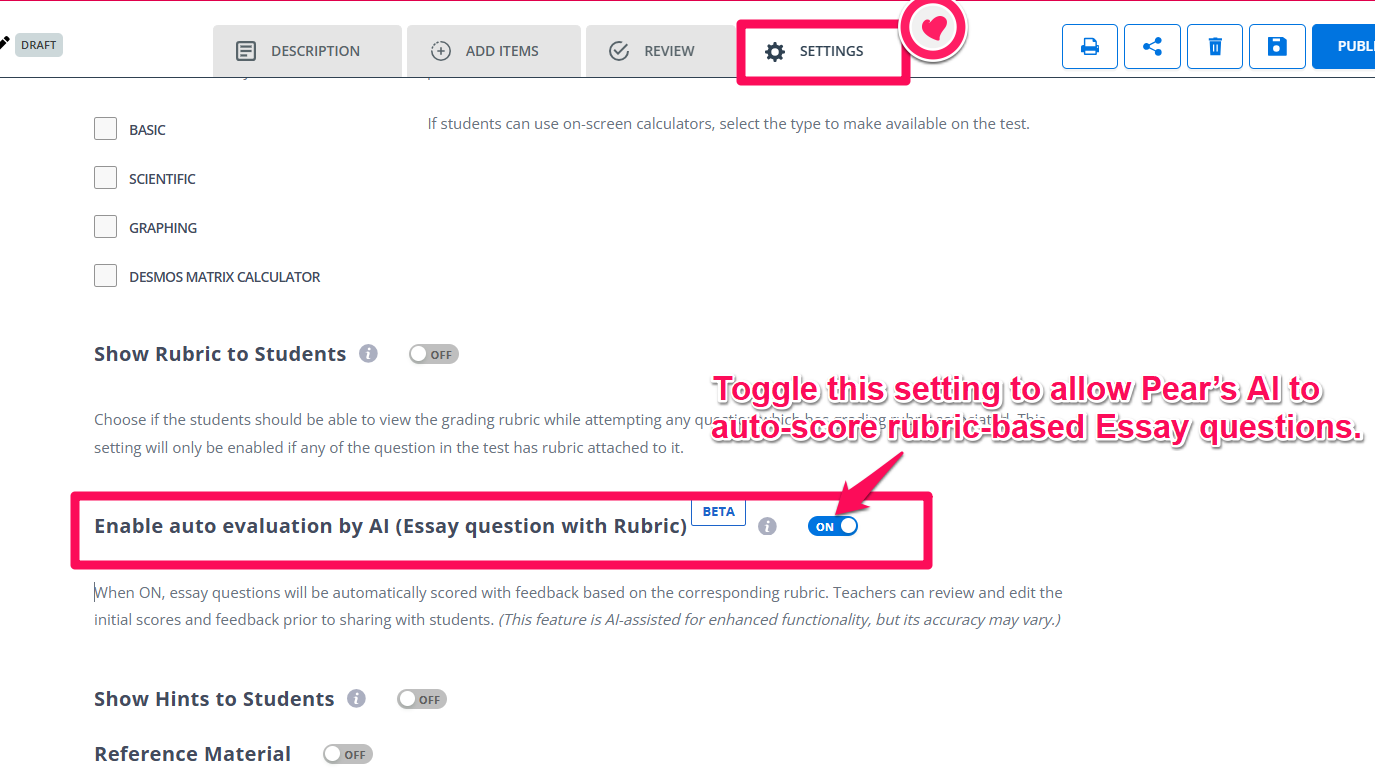 The Student Tools section of test settings, with the Enable auto evaluation by AI toggle turned on.