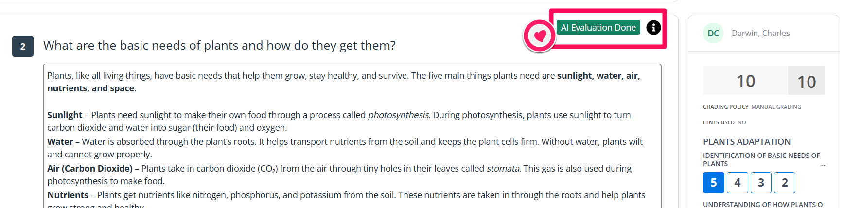 A student response in the Live Class Board question view, with the AI Evaluation Done tag highlighted.