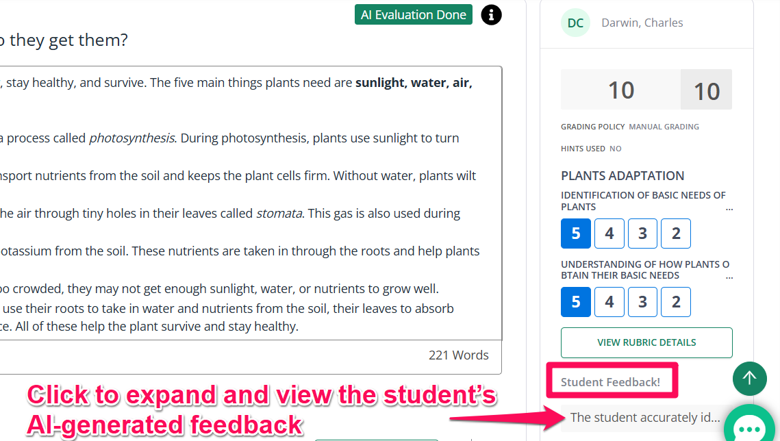 The expanded Student Feedback panel showing AI-drafted feedback for a student response.