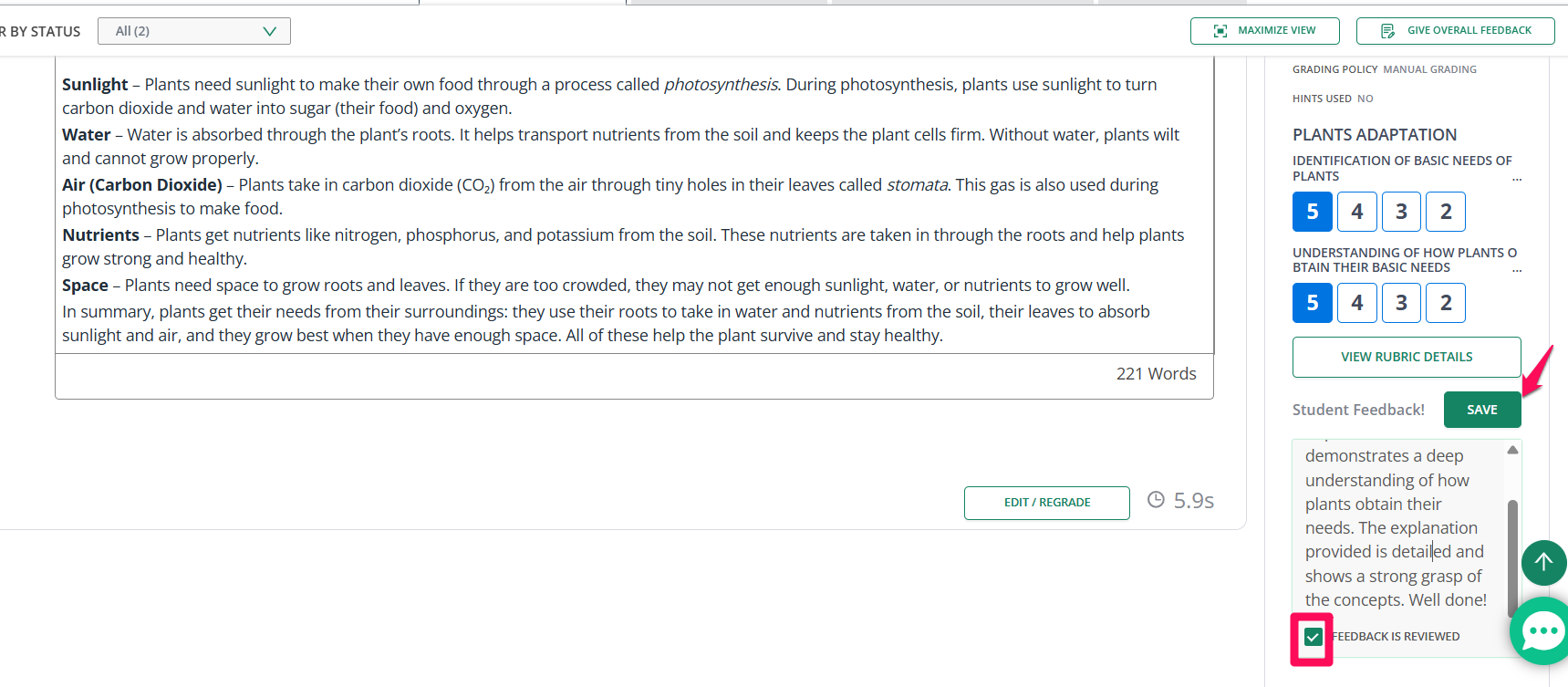 The Feedback Is Reviewed checkbox and Save button in the Live Class Board.