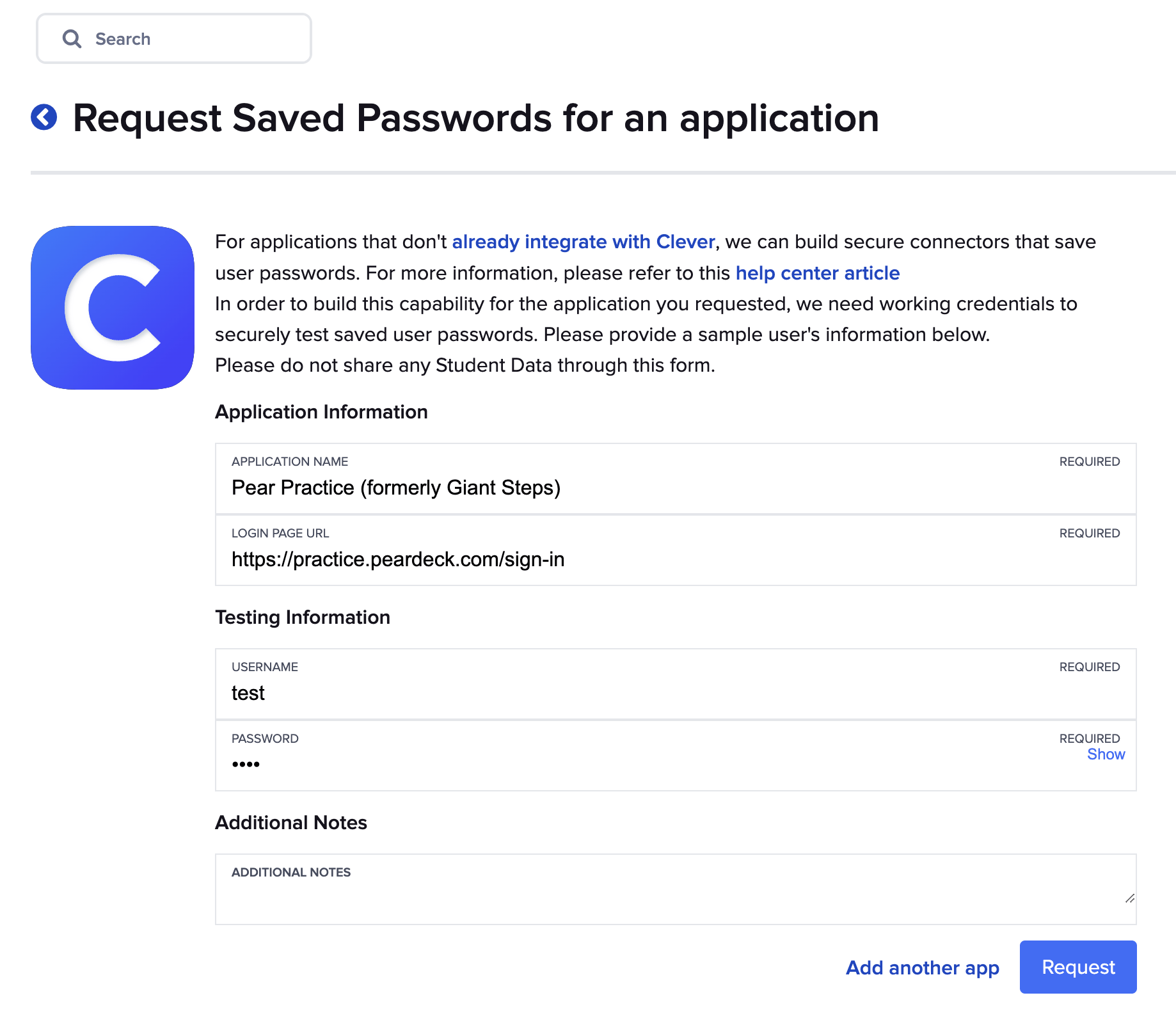 You can manually request the Pear Practice app to be added to Clever.