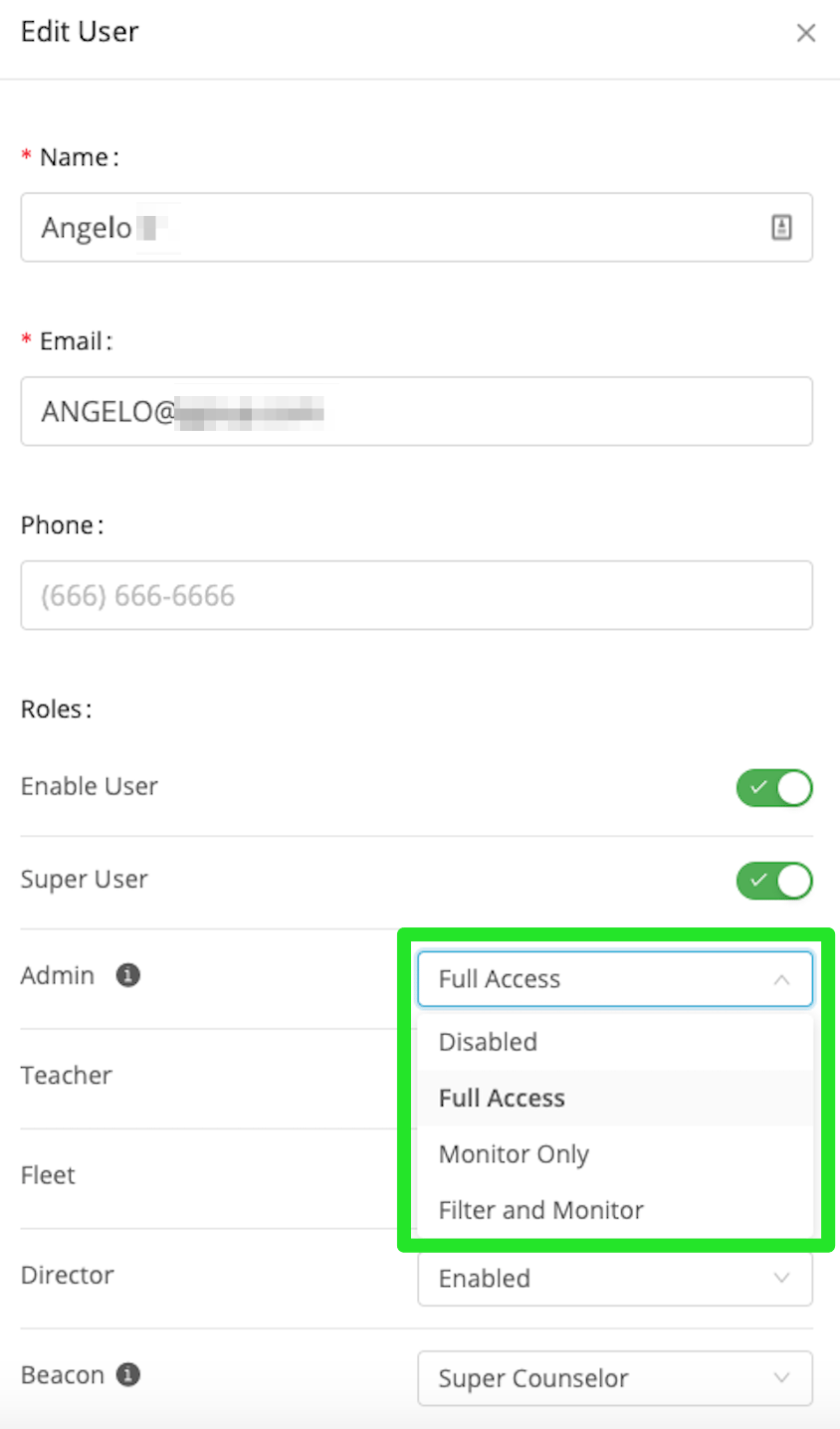 Edit User. GoGuardian Admin (selected), Role options: disabled, full access (selected), monitor only, filter only