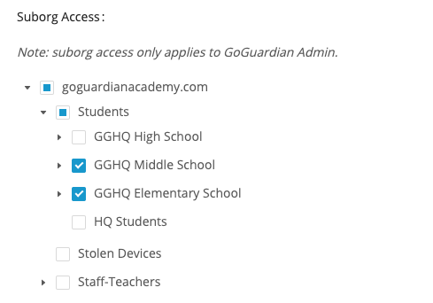 root OU (partially filled box) Students OU (partial filled box), Sub OUs: GGHQ High School (not selected), GGHQ…