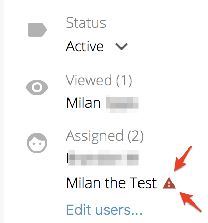 Assigned (2), Triangle with '!' denotes that a user is assigned but does not have access to the student OU