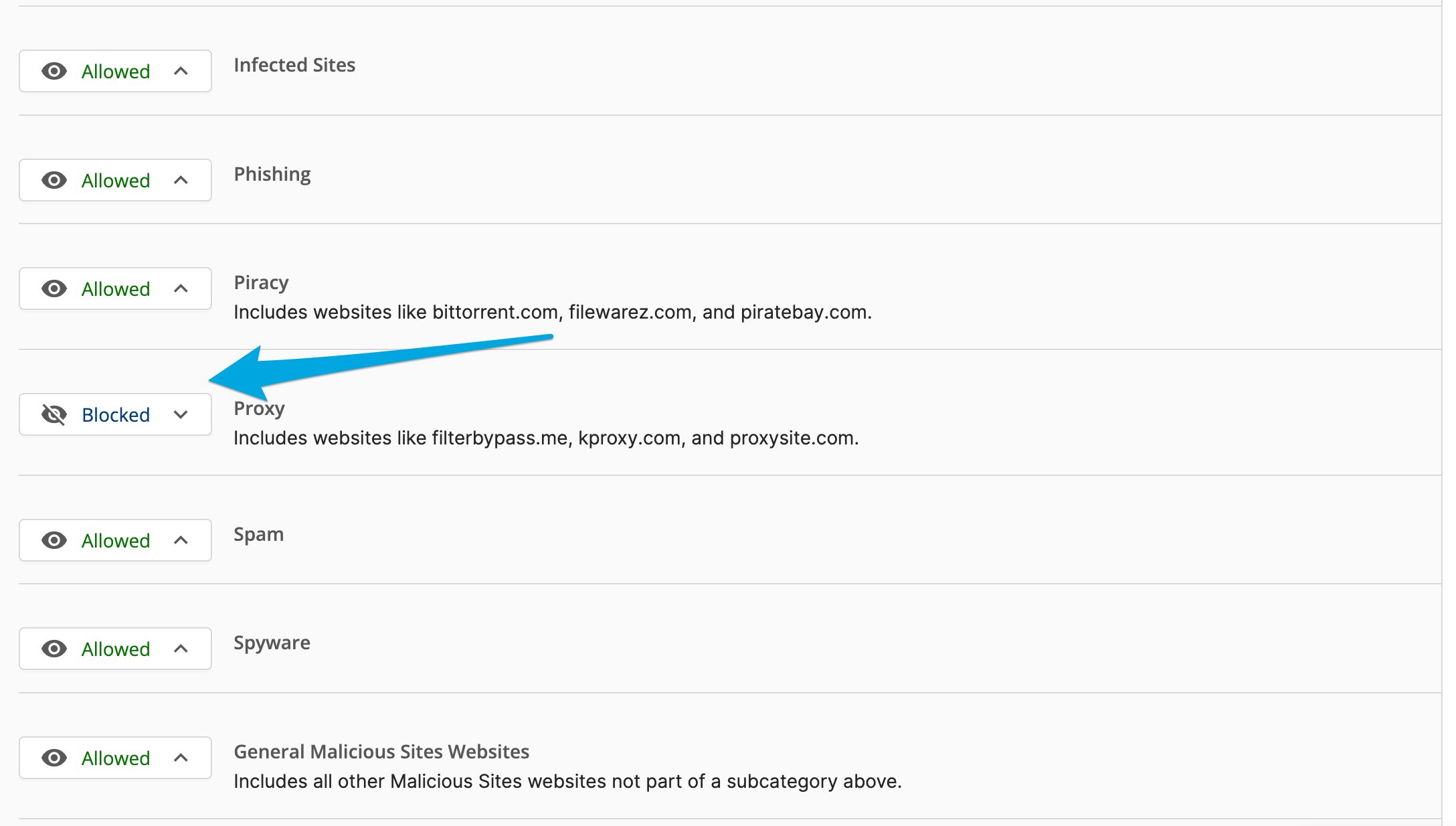 The "Proxy" category being set to block in a policy's website category section